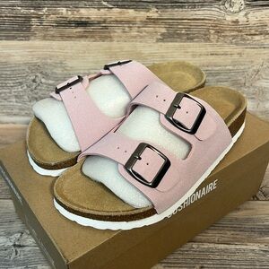 Cushionaire Women's LANE Cork Footbed Sandal in Pink Vegan Suede New